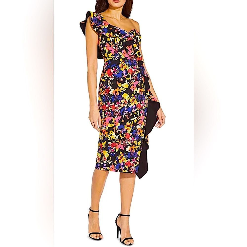 Aidan Mattox Floral Ruffle One Shoulder or Strapless Sheath Midi Dress NWT $195